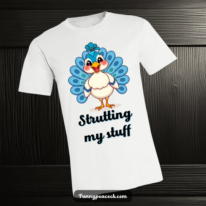 Funny peacock t-shirt, captured mid-strut with a huge, happy grin, radiating confidence and a touch of playful pride.