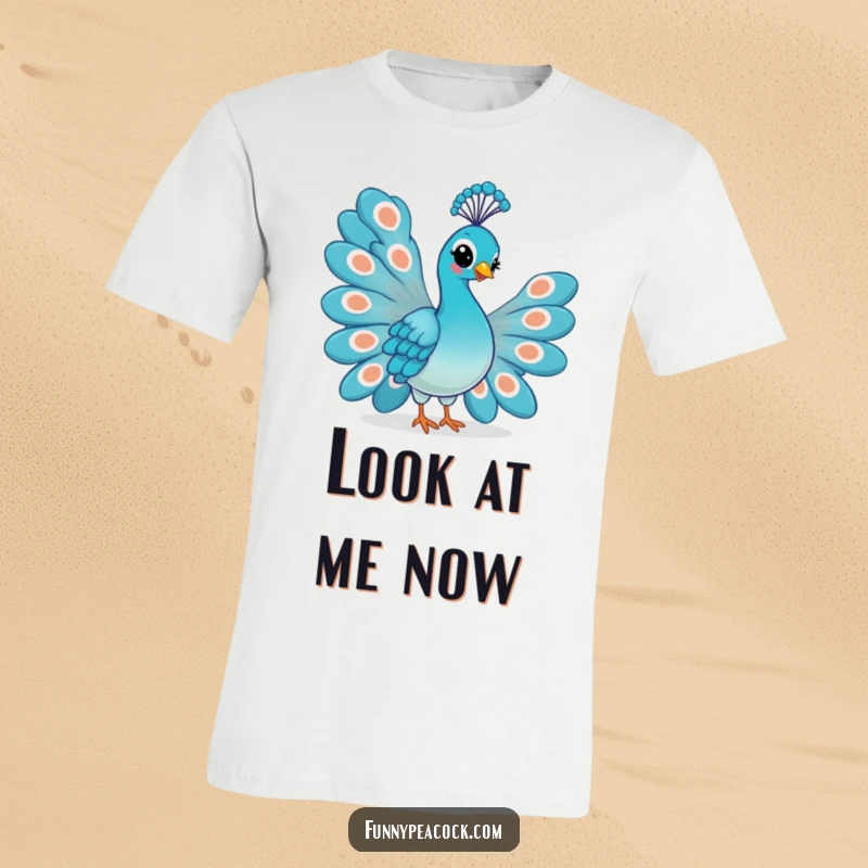 Funny Kawaii Peacock T-Shirt: Striking a pose with a proud smirk and fully fanned tail feathers.