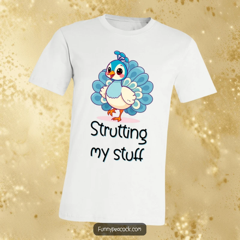 Funny Kawaii Peacock T-Shirt: A peacock doing a cheerful strut with an inquisitive head tilt.
