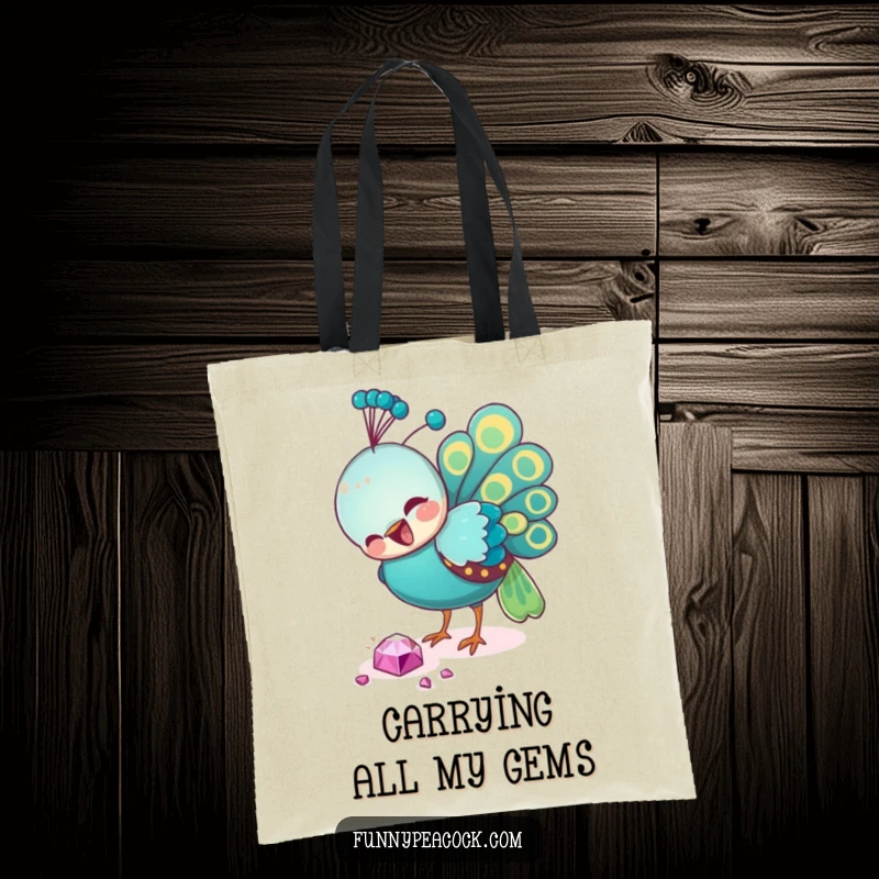 Funny peacock tote bag, enthusiastically pecking a lustrous jewel, depicting a humorous and stylish appreciation for sparkly finds.