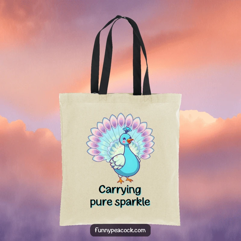 Funny kawaii peacock tote bag, adorned with a beautifully spread iridescent tail, a humorous and elegant accessory.