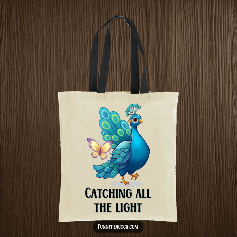 Funny peacock tote bag, humorously chasing a shimmering butterfly with its tail, a playful and stylish accessory.